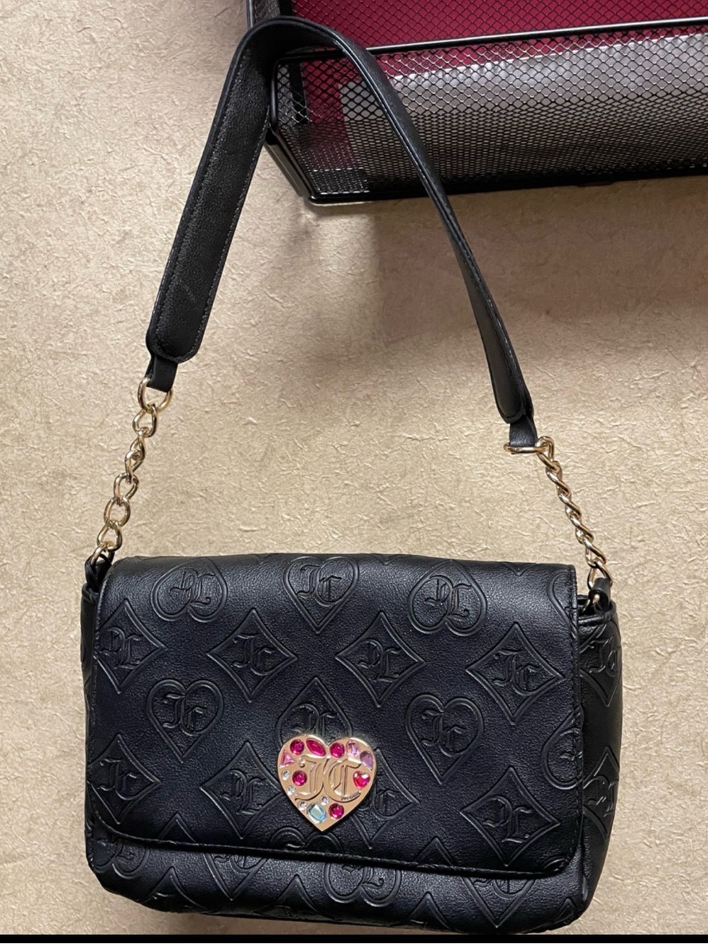 Juicy Couture Black Embossed Heart-Accent Shoulder Bag with Jeweled Clasp